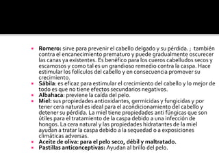  Romero: sirve para prevenir el cabello delgado y su pérdida. ; también
contra el encanecimiento prematuro y puede gradualmente oscurecer
las canas ya existentes. Es benéfico para los cueros cabelludos secos y
escamosos y como tal es un grandioso remedio contra la caspa. Hace
estimular los folículos del cabello y en consecuencia promover su
crecimiento.
 Sábila: es eficaz para estimular el crecimiento del cabello y lo mejor de
todo es que no tiene efectos secundarios negativos.
 Albahaca: previene la caída del pelo.
 Miel: sus propiedades antioxidantes, germicidas y fungicidas y por
tener cera natural es ideal para el acondicionamiento del cabello y
detener su pérdida. La miel tiene propiedades anti fúngicas que son
útiles para el tratamiento de la caspa debido a una infección de
hongos. La cera natural y las propiedades hidratantes de la miel
ayudan a tratar la caspa debido a la sequedad o a exposiciones
climáticas adversas.
 Aceite de oliva: para el pelo seco, débil y maltratado.
 Pastillas anticonceptivas: Ayudan al brillo del pelo.
 