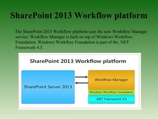 SharePoint 2013 Workflow platform
The SharePoint 2013 Workflow platform uses the new Workflow Manager
service. Workflow Manager is built on top of Windows Workflow
Foundation. Windows Workflow Foundation is part of the .NET
Framework 4.5.
 