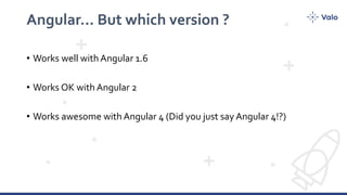 Angular… But which version ?
• Works well with Angular 1.6
• Works OK with Angular 2
• Works awesome with Angular 4 (Did you just say Angular 4!?)
 
