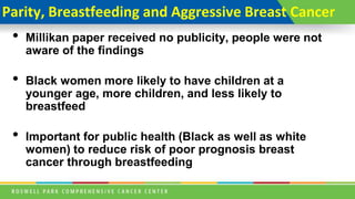 Parity, Breastfeeding and Aggressive Breast Cancer
• Millikan paper received no publicity, people were not
aware of the findings
• Black women more likely to have children at a
younger age, more children, and less likely to
breastfeed
• Important for public health (Black as well as white
women) to reduce risk of poor prognosis breast
cancer through breastfeeding
 