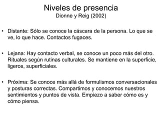 Niveles de presencia
Dionne y Reig (2002)
• Distante: Sólo se conoce la cáscara de la persona. Lo que se
ve, lo que hace. Contactos fugaces.
• Lejana: Hay contacto verbal, se conoce un poco más del otro.
Rituales según rutinas culturales. Se mantiene en la superficie,
ligeros, superficiales.
• Próxima: Se conoce más allá de formulismos conversacionales
y posturas correctas. Compartimos y conocemos nuestros
sentimientos y puntos de vista. Empiezo a saber cómo es y
cómo piensa.
 