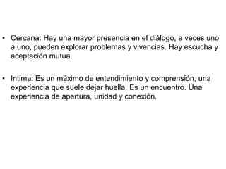 • Cercana: Hay una mayor presencia en el diálogo, a veces uno
a uno, pueden explorar problemas y vivencias. Hay escucha y
aceptación mutua.
• Intima: Es un máximo de entendimiento y comprensión, una
experiencia que suele dejar huella. Es un encuentro. Una
experiencia de apertura, unidad y conexión.
 