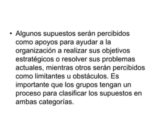 • Algunos supuestos serán percibidos
como apoyos para ayudar a la
organización a realizar sus objetivos
estratégicos o resolver sus problemas
actuales, mientras otros serán percibidos
como limitantes u obstáculos. Es
importante que los grupos tengan un
proceso para clasificar los supuestos en
ambas categorías.
 