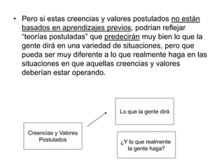 • Pero si estas creencias y valores postulados no están
basados en aprendizajes previos, podrían reflejar
“teorías postuladas” que predecirán muy bien lo que la
gente dirá en una variedad de situaciones, pero que
pueda ser muy diferente a lo que realmente haga en las
situaciones en que aquellas creencias y valores
deberían estar operando.
Lo que la gente dirá
Creencias y Valores
Postulados ¿Y lo que realmente
la gente haga?
 