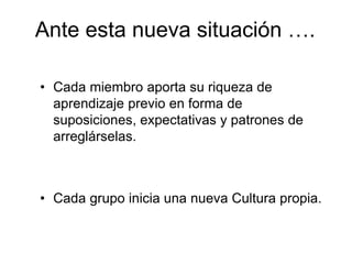 Ante esta nueva situación ….
• Cada miembro aporta su riqueza de
aprendizaje previo en forma de
suposiciones, expectativas y patrones de
arreglárselas.
• Cada grupo inicia una nueva Cultura propia.
 