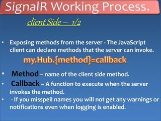 client Side – 1/2
• Exposing methods from the server - The JavaScript
client can declare methods that the server can invoke.
• Method – name of the client side method.
• Callback – A function to execute when the server
invokes the method.
• - If you misspell names you will not get any warnings or
notifications even when logging is enabled.
 