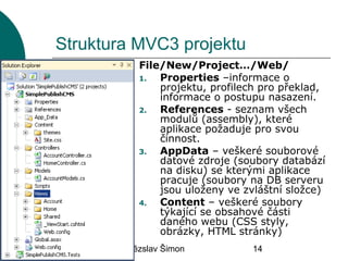 24.02.2013 Vítězslav Šimon 14
Struktura MVC3 projektu
File/New/Project…/Web/
1. Properties –informace o
projektu, profilech pro překlad,
informace o postupu nasazení.
2. References - seznam všech
modulů (assembly), které
aplikace požaduje pro svou
činnost.
3. AppData – veškeré souborové
datové zdroje (soubory databází
na disku) se kterými aplikace
pracuje (soubory na DB serveru
jsou uloženy ve zvláštní složce)
4. Content – veškeré soubory
týkající se obsahové části
daného webu (CSS styly,
obrázky, HTML stránky)
 