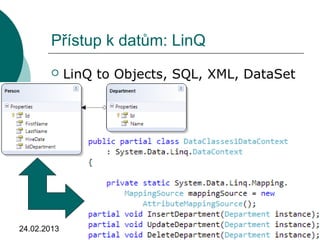24.02.2013 Vítězslav Šimon 30
Přístup k datům: LinQ
 LinQ to Objects, SQL, XML, DataSet
 