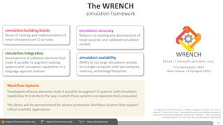 https://wrench-project.org https://wfcommons.org https://simgrid.org
The WRENCH
simulation framework
10
H. Casanova, R. Ferreira da Silva, R. Tanaka, S. Pandey, G. Jethwani, W. Koch, S.
Albrecht, J. Oeth, and F. Suter, "Developing Accurate and Scalable Simulators of
Production Workflow Management Systems with WRENCH", Future Generation
Computer Systems, vol. 112, 2020. DOI: 10.1016/j.future.2020.05.030
https://wrench-project.org
First developed in 2017
latest release: v1.9 (August 2021)
simulation building blocks
Reuse of existing and implementation of
novel simulated core CI services
simulation integration
Development of software elements that
make it possible to augment existing
systems with simulation capabilities in a
language-agnostic manner
Workflow Systems
simulation accuracy
Reliance on existing and development of
novel accurate and validated simulation
models
simulation scalability
Ability to run large simulations quickly
on a single computer with low compute,
memory, and energy footprints
Developed software elements make it possible to augment CI systems with simulation
capabilities to transform the way in which these systems are experimentally evaluated
The above will be demonstrated for several production Workflow Systems that support
critical scientific applications
 