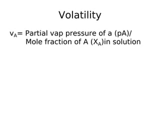 Volatility
vA= Partial vap pressure of a (pA)/
Mole fraction of A (XA)in solution
 