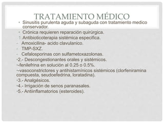 TRATAMIENTO MÉDICO
• Sinusitis purulenta aguda y subaguda con tratamiento medico
conservador.
• Crónica requieren reparación quirúrgica.
1.Antibioticoterapia sistémica especifica.
- Amoxicilina- acido clavulanico.
- TMP-SXZ.
- Cefalosporinas con sulfametoxazolonas.
•2.- Descongestionantes orales y sistémicos.
•-fenilefrina en solución al 0.25 o 0.5%.
•-vasoconstrictores y antihistamínicos sistémicos (clorfeniramina
compuesta, seudoefedrina, loratadina).
•3.- Analgésicos.
•4.- Irrigación de senos paranasales.
•5.- Antiinflamatorios (esteroides).
 