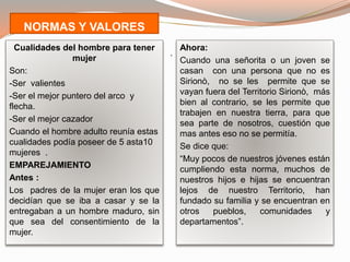 NORMAS Y VALORES
Cualidades del hombre para tener
mujer
Son:
-Ser valientes
-Ser el mejor puntero del arco y
flecha.
-Ser el mejor cazador
Cuando el hombre adulto reunía estas
cualidades podía poseer de 5 asta10
mujeres .
EMPAREJAMIENTO
Antes :
Los padres de la mujer eran los que
decidían que se iba a casar y se la
entregaban a un hombre maduro, sin
que sea del consentimiento de la
mujer.
.
Ahora:
Cuando una señorita o un joven se
casan con una persona que no es
Sirionò, no se les permite que se
vayan fuera del Territorio Sirionò, más
bien al contrario, se les permite que
trabajen en nuestra tierra, para que
sea parte de nosotros, cuestión que
mas antes eso no se permitía.
Se dice que:
“Muy pocos de nuestros jóvenes están
cumpliendo esta norma, muchos de
nuestros hijos e hijas se encuentran
lejos de nuestro Territorio, han
fundado su familia y se encuentran en
otros pueblos, comunidades y
departamentos”.
 