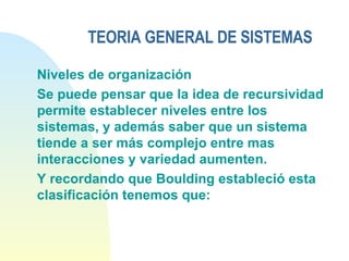 TEORIA GENERAL DE SISTEMAS Niveles de organización  Se puede pensar que la idea de recursividad permite establecer niveles entre los sistemas, y además saber que un sistema tiende a ser más complejo entre mas interacciones y variedad aumenten. Y recordando que Boulding estableció esta clasificación tenemos que:  