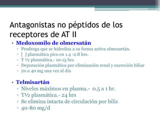 Antagonistas no péptidos de los
receptores de AT II
• Medoxomilo de olmersatán
▫ Prodroga que se hidroliza a su forma activa olmesartán.
▫ [ ] plasmática pico en 1.4 -2.8 hrs.
▫ T ½ plasmática.- 10-15 hrs
▫ Depuración plasmática por eliminación renal y excreción biliar
▫ 20 a 40 mg una vez al día
• Telmisartán
▫ Niveles máximos en plasma.- 0.5 a 1 hr.
▫ T½ plasmática.- 24 hrs
▫ Se elimina intacta de circulación por bilis
▫ 40-80 mg/d
 