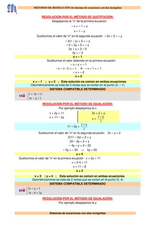 MÉTODOS DE RESOLUCIÓN de sistemas de ecuaciones con dos incógnitas
Sistemas de ecuaciones con dos incógnitas
RESOLUCIÓN POR EL MÉTODO DE SUSTITUCIÓN:
Despejamos la "x" de la primera ecuación:
– x = – 1 + y
x = 1 – y
Sustituimos el valor de "x" en la segunda ecuación – 2x + 5 = – y
– 2(1 – y) + 5 = – y
– 2 + 2y + 5 = – y
2y + y = 2 – 5
3y = – 3
y = – 1
Sustituimos el valor obtenido en la primera ecuación:
– x – y = – 1
– x – (– 1) = – 1 – x + 1 = – 1
– x = – 2
x = 2
x = – 1 ; y = 2 ; Esta solución es común en ambas ecuaciones
Geométricamente se trata de 2 rectas que se cortan en el punto (2, – 1)
SISTEMA COMPATIBLE DETERMINADO
18



=−
=+
22
112
yx
yx
RESOLUCIÓN POR EL MÉTODO DE IGUALACIÓN:
Por ejemplo despejamos la x
x + 2y = 11
x = 11 – 2y
2x = 2 + y
x =
2
2 y+
11 – 2y =
2
2 y+
Sustituimos el valor de "x" en la segunda ecuación 2x – y = 2
2(11 – 2y) = 2 + y
22 – 4y = 2 + y
– 4y – y = 2 – 22
– 5y = – 20 → 5y = 20
y = 4
Sustituimos el valor de "x" en la primera ecuación x + 2y = 11
x + 2·4 = 11
x = 11 – 8
x = 3
x = 3 ; y = 4 ; Esta solución es común en ambas ecuaciones
Geométricamente se trata de 2 rectas que se cortan en el punto (3, 4)
SISTEMA COMPATIBLE DETERMINADO
20



=−
=+
yx
yx
283
32
RESOLUCIÓN POR EL MÉTODO DE IGUALACIÓN:
Por ejemplo despejamos la y
 