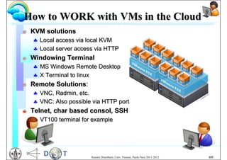 How to WORK with VMs in the Cloud
G   KVM solutions
     Local access via local KVM
     Local server access via HTTP
G   Windowing Terminal
     MS Windows Remote Desktop
     X Terminal to linux
G   Remote Solutions:
     VNC, Radmin, etc.
     VNC: Also possible via HTTP port
G   Telnet, char based consol, SSH
     VT100 terminal for example




                        Sistemi Distribuiti, Univ. Firenze, Paolo Nesi 2011-2012   103
 