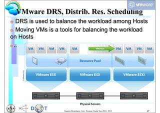 VMware DRS, Distrib. Res. Scheduling
G  DRS is used to balance the workload among Hosts
G Moving VMs is a tools for balancing the workload
on Hosts
G ..




                   Sistemi Distribuiti, Univ. Firenze, Paolo Nesi 2011-2012   67
 