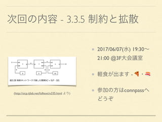- 3.3.5
2017/06/07( ) 19:30
21:00 @3F
- 🍕 🍣
connpass(http://sicp.iijlab.net/fulltext/x335.html )
 