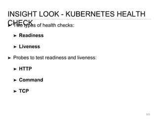 ➤ Two types of health checks:
➤ Readiness
➤ Liveness
➤ Probes to test readiness and liveness:
➤ HTTP
➤ Command
➤ TCP
103
INSIGHT LOOK - KUBERNETES HEALTH
CHECK
 
