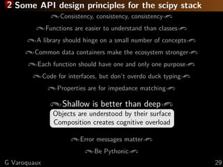2 Some API design principles for the scipy stack
Consistency, consistency, consistency
Functions are easier to understand than classes
A library should hinge on a small number of concepts
Common data containers make the ecosystem stronger
Each function should have one and only one purpose
Code for interfaces, but don’t overdo duck typing
Properties are for impedance matching
Shallow is better than deep
Objects are understood by their surface
Composition creates cognitive overload
Error messages matter
Be Pythonic
G Varoquaux 29
 