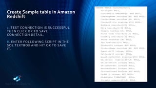 Create Sample table in Amazon
Redshift
7. TEST CONNECTION IS SUCCESSFUL
THEN CLICK OK TO SAVE
CONNECTION DETAIL.
8. ENTER FOLLOWING SCRIPT IN THE
SQL TEXTBOX AND HIT OK TO SAVE
IT.
 