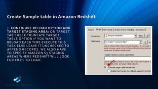 Create Sample table in Amazon Redshift
7. CONFIGURE RELOAD OPTION AND
TARGET STAGING AREA: ON TARGET
TAB CHECK TRUNCATE TARGET
TABLE OPTION IF YOU WANT TO
RELOAD EACH TIME EXECUTE THIS
TASK ELSE LEAVE IT UNCHECKED TO
APPEND RECORDS. WE ALSO HAVE
TO SPECIFY AMAZON S3 STAGING
AREAS WHERE REDSHIFT WILL LOOK
FOR FILES TO LOAD.
 