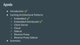 ● Introduction ✔
● Caching Architectural Patterns
○ Embedded ✔
○ Embedded Distributed ✔
○ Client-Server
○ Cloud
○ Sidecar
○ Reverse Proxy
○ Reverse Proxy Sidecar
● Summary
Agenda
 