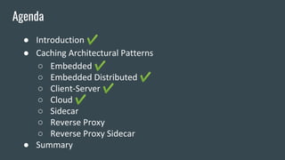 ● Introduction ✔
● Caching Architectural Patterns
○ Embedded ✔
○ Embedded Distributed ✔
○ Client-Server ✔
○ Cloud ✔
○ Sidecar
○ Reverse Proxy
○ Reverse Proxy Sidecar
● Summary
Agenda
 