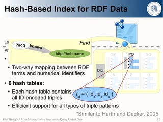 Hash-Based Index for RDF Data


 Logical representation
       ?acq know                                             Find
                     s
 Physical representation
                                          http://bob.name                  SP   PO     SO
 ●   Dictionary:
     ●   Two-way mapping between RDF                                Dict
         terms and numerical identifiers                                   S     P      O

 ●   6 hash tables:
     ●   Each hash table contains t = ( id ,id ,id )
         all ID-encoded triples    id     s   p   o

     ●   Efficient support for all types of triple patterns
                                                           *Similar to Harth and Decker, 2005
Olaf Hartig - A Main Memory Index Structure to Query Linked Data                            12
 