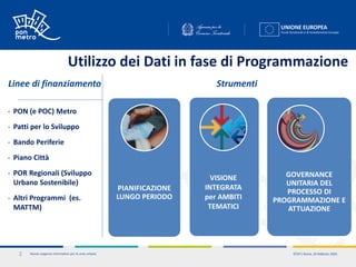 Nuove esigenze informative per le aree urbane2 ISTAT| Roma, 24 febbraio 2020
Strumenti
- PON (e POC) Metro
- Patti per lo Sviluppo
- Bando Periferie
- Piano Città
- POR Regionali (Sviluppo
Urbano Sostenibile)
- Altri Programmi (es.
MATTM)
Utilizzo dei Dati in fase di Programmazione
Linee di finanziamento
PIANIFICAZIONE
LUNGO PERIODO
VISIONE
INTEGRATA
per AMBITI
TEMATICI
GOVERNANCE
UNITARIA DEL
PROCESSO DI
PROGRAMMAZIONE E
ATTUAZIONE
 