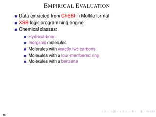 E MPIRICAL E VALUATION
     Data extracted from ChEBI in Molﬁle format
     XSB logic programming engine
     Chemical classes:
         Hydrocarbons
         Inorganic molecules
         Molecules with exactly two carbons
         Molecules with a four-membered ring
         Molecules with a benzene




15
 