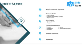 Table of Contents
3
Project Context and Objectives
Company Profile
› Basic Overview
› Detailed Description about Company
› Partner’s History
Loan Request
› Budget Allocation
› Repayment
Operational Information
› Product
› Management
› Employee
› Facilities
› Marketing and Distribution
Financial Information
References
 