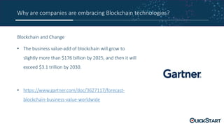 Why are companies are embracing Blockchain technologies?
Blockchain and Change
• The business value-add of blockchain will grow to
slightly more than $176 billion by 2025, and then it will
exceed $3.1 trillion by 2030.
• https://www.gartner.com/doc/3627117/forecast-
blockchain-business-value-worldwide
 
