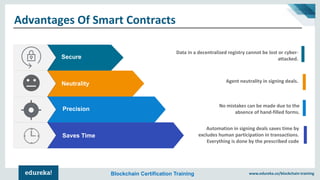 www.edureka.co/blockchain-trainingBlockchain Certification Training
Advantages Of Smart Contracts
Data in a decentralized registry cannot be lost or cyber-
attacked.
Agent neutrality in signing deals.
No mistakes can be made due to the
absence of hand-filled forms.
Automation in signing deals saves time by
excludes human participation in transactions.
Everything is done by the prescribed code
Neutrality
Saves Time
Secure
Precision
 