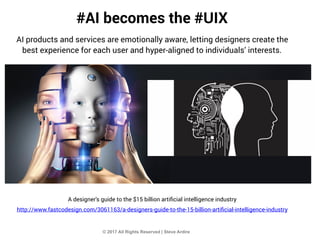 AI products and services are emotionally aware, letting designers create the
best experience for each user and hyper-aligned to individuals’ interests.
A designer's guide to the $15 billion artiﬁcial intelligence industry
http://www.fastcodesign.com/3061163/a-designers-guide-to-the-15-billion-artiﬁcial-intelligence-industry
#AI becomes the #UIX
© 2017 All Rights Reserved | Steve Ardire
 