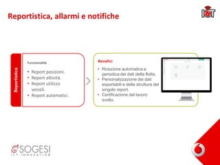 Reportistica, allarmi e notificheReportistica
Funzionalità
• Report posizioni.
• Report attività.
• Report utilizzo
veicoli.
• Report automatici.
Benefici
• Ricezione automatica e
periodica dei dati della flotta.
• Personalizzazione dei dati
esportabili e della struttura del
singolo report.
• Certificazione del lavoro
svolto.
 