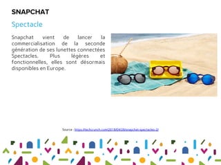 Snapchat vient de lancer la
commercialisation de la seconde
génération de ses lunettes connectées
Spectacles. Plus légères et
fonctionnelles, elles sont désormais
disponibles en Europe.
SNAPCHAT
Spectacle
Source : https://techcrunch.com/2018/04/26/snapchat-spectacles-2/
 