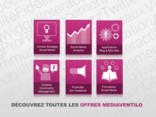 DÉCOUVREZ TOUTES LES OFFRES MEDIAVENTILO
Social Media
Analytics
Applications
Blog & Mini-Site
Publicités
Sur Facebook
Conseil Stratégie
Social Media
Creative
Community
Management
Formations
Social Media
 