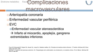 Complicaciones
macrovasculares
 Arteriopatía coronaria
 Enfermedad vascular periférica
 EVC
Enfermedad vascular ateroesclerótica
 Infarto al miocardio, apoplejía, gangrena
extremidades inferiores
Síndrome metabólico Facultad de Medicina Región Veracruz
Fauci AS, Braunwald E, Kasper DL, Hauser SL, Longo DL. Diabetes mellitus. En: Principios de medicina interna Harrison. 17ª edición. McGraw-Hill; China:
2009. pag 2275- 2305.
McPhee S. Trastornos del páncreas endocrino. En: Fisiopatología de la enfermedad: una introducción a la medicina clínica. 6ª ed. México: McGraw-Hill.
2010. P. 497-521.
 