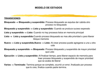 MODELO DE ESTADOS TRANSICIONES Bloqueado    Bloqueado y suspendido:  Proceso bloqueado se expulsa dar cabida otro    proceso no bloqueado Bloqueado y suspendido    Listo y suspendido:  Cuando se produce suceso esperado Listo y suspendido    Listo:  Cuando no hay procesos listos en memoria principal Listo     Listo y suspendido: Cuando proceso bloqueado es mas alta prioridad o para liberar  bloque memoria Nuevo    Listo y suspendido,Nuevo    Listo:  Al crear proceso puede agregarse a una u otra    cola Bloqueado y suspendido    Bloqueado : Proceso bloqueado y suspendido de mayor prioridad    que Listo Ejecución    Listo y suspendido:  Al finalizar tiempo, para liberar espacio de memoria para    traer proceso bloqueado y suspendido de mayor prioridad    que se acaba de liberar Varios    Terminado : Termina porque se completo, ocurrió un error, finalizado por proceso    que lo creo, finaliza cuando padre termina. 