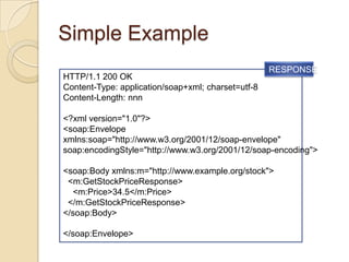 Simple Example
                                                    RESPONSE
HTTP/1.1 200 OK
Content-Type: application/soap+xml; charset=utf-8
Content-Length: nnn

<?xml version="1.0"?>
<soap:Envelope
xmlns:soap="http://www.w3.org/2001/12/soap-envelope"
soap:encodingStyle="http://www.w3.org/2001/12/soap-encoding">

<soap:Body xmlns:m="http://www.example.org/stock">
 <m:GetStockPriceResponse>
  <m:Price>34.5</m:Price>
 </m:GetStockPriceResponse>
</soap:Body>

</soap:Envelope>
 