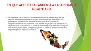 EN QUE AFECTO LA PANDEMIA A LA SOBERANÍA
ALIMENTARIA
 La pandemia afecto de sobre manera la soberanía alimentaria ya que en
muchas zonas se restringió el trabajo a aire libre ya que este podría ser
posible contagio del covid esto era al inicio ya que no se sabia los
comportamientos el virus después si se podía trabajar pero los alimentos no
se podían trasladar entonces la venta se venia abajo solo eran utilizados para
el alimento propio de los campesinos ya que la venta de estos alimentos era
imposible por las medidas sanitarias
 