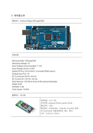 3. 제어통신부
메인보드 : Arduino Mega (ATmega2560)
상세사양
Microcontroller: ATmega2560
Operating Voltage: 5V
Input Voltage (recommended): 7-12V
Input Voltage (limits): 6-20V
Digital I/O Pins: 54 (of which 14 provide PWM output)
Analog Input Pins: 16
DC Current per I/O Pin: 40 mA
DC Current for 3.3V Pin: 50 mA
Flash Memory: 256 KB of which 8 KB used by bootloader
SRAM: 8 KB
EEPROM: 4 KB
Clock Speed: 16 MHz
블루투스 : HC-06
 입력전압 : 3.6~~6V
 소비전력: unpaired 30mA, paired 10mA
 통신거리 : 10m
 통신방식 : 8 data bits, 1 stop bit, no parity 설정 :
AT Command 사용(보레이트, 패스, 변수)
 크기 : 3.57cm*1.52cm
 