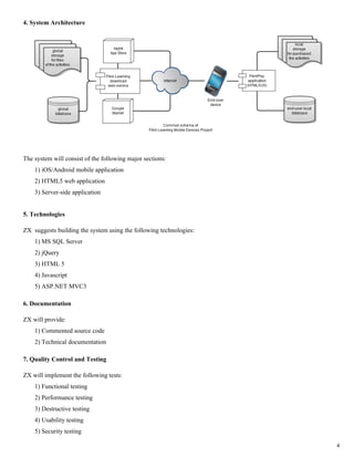 4. System Architecture




The system will consist of the following major sections:
    1) iOS/Android mobile application
    2) HTML5 web application
    3) Server-side application


5. Technologies

ZX suggests building the system using the following technologies:
    1) MS SQL Server
    2) jQuery
    3) HTML 5
    4) Javascript
    5) ASP.NET MVC3

6. Documentation

ZX will provide:
    1) Commented source code
    2) Technical documentation

7. Quality Control and Testing

ZX will implement the following tests:
    1) Functional testing
    2) Performance testing
    3) Destructive testing
    4) Usability testing
    5) Security testing

                                                                    4
 