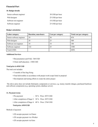 Financial Part
10. Budget details

 Senior software engineer                                     30 USD per hour
 Web designer                                                 25 USD per hour
 Software test engineer                                       18 USD per hour
 Software engineer                                            25 USD per hour


Budget calculation

 Labor category                Duration, man-hours            Cost per category          Total cost per category
 Senior software engineer      29                             30                         870
 Web designer                  20                             25                         500
 Software test engineer        10                             18                         180
 Software engineer             132                            25                         3300
 Total (USD)                                                                             4850

Additional Services

         • Documentation and FAQ - 560 USD
         • Client staff education - 1500 USD

Total price is 6910 USD
The total cost includes:
         • 3 months of free bug fixing
         • Final deliverables in accordance with project work scope listed in proposal
         • Development and testing efforts to create the entire project

 The above price does not include third-party components or services, e.g. money transfer charges, purchased hardware
and software components (e.g. operating system, database server).


11. Payment terms
         • Pre-payment                   : 30 % Price: 2073 USD
         • After completion of Stage 2: 30 % Price: 2073 USD
         • After completion of Stage 4: 40 % Price: 2764 USD
         Total price: 6910 USD

Methods of payment

         • ZX accepts payment via Elance
         • ZX accepts payment via vWorker
         • ZX accepts payment via Guru
                                                                                                                        8
 