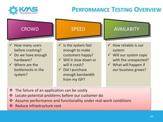 CROWD SPEED AVAILABITY
 How many users
before crashing?
 Do we have enough
hardware?
 Where are the
bottlenecks in the
system?
 Is the system fast
enough to make
customers happy?
 Will it slow down or
will it crash?
 Did I purchase
enough bandwidth
from my ISP?
 How reliable is our
system
 Will our system cope
with the unexpected?
 What will happen if
our business grows?
 The failure of an application can be costly
 Locate potential problems before our customer do
 Assume performance and functionality under real-work conditions
 Reduce infrastructure cost
60
PERFORMANCE TESTING OVERVIEW
 