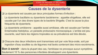 SOINS DE PREMIER (1er SECOURS)
MALADIES TROPICALES
Causes de la dysenterie
 La dysenterie est causée par deux principales formes d'infection :
 La dysenterie bacillaire ou dysenterie bactérienne : appelée shigellose, elle est
causée par l’un des divers types de la bactérie Shigella. C'est la cause la plus
fréquente de dysenterie.
 La dysenterie amibienne : appelée aussi amibiase, elle est causée par l'amibe
Entamoeba histolytica, un parasite protozoaire microscopique. L'amibe est peu
courante, sauf dans les régions tropicales où sa prévalence est très élevée.
 Chacune des deux infections sont transmises soit par voie féca-orale, soit par
ingestion d'eau souillée ou de légumes mal lavés contenant des micro-excréments.
Bon à savoir : dans la plupart des cas, l'amibiase ne provoque aucun symptôme.
Seulement 10 % des personnes infectées développent une dysenterie.
 