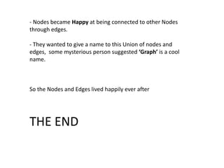 - Nodes became Happy at being connected to other Nodes
through edges.
- They wanted to give a name to this Union of nodes and
edges, some mysterious person suggested ‘Graph’ is a cool
name.
So the Nodes and Edges lived happily ever after
THE END
 