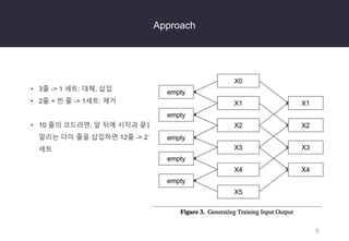 9
Approach
• 3줄 -> 1 세트: 대체, 삽입
• 2줄 + 빈 줄 -> 1세트: 제거
• 10 줄의 코드라면, 앞 뒤에 시작과 끝을
알리는 더미 줄을 삽입하면 12줄 -> 21
세트
 