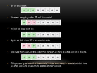 • So we swap them.
• However, swapping makes 27 and 10 unsorted.
• Hence, we swap them too.
• Again we find 14 and 10 in an unsorted order.
• We swap them again. By the end of third iteration, we have a sorted sub-list of 4 items.
• This process goes on until all the unsorted values are covered in a sorted sub-list. Now
we shall see some programming aspects of insertion sort.
 